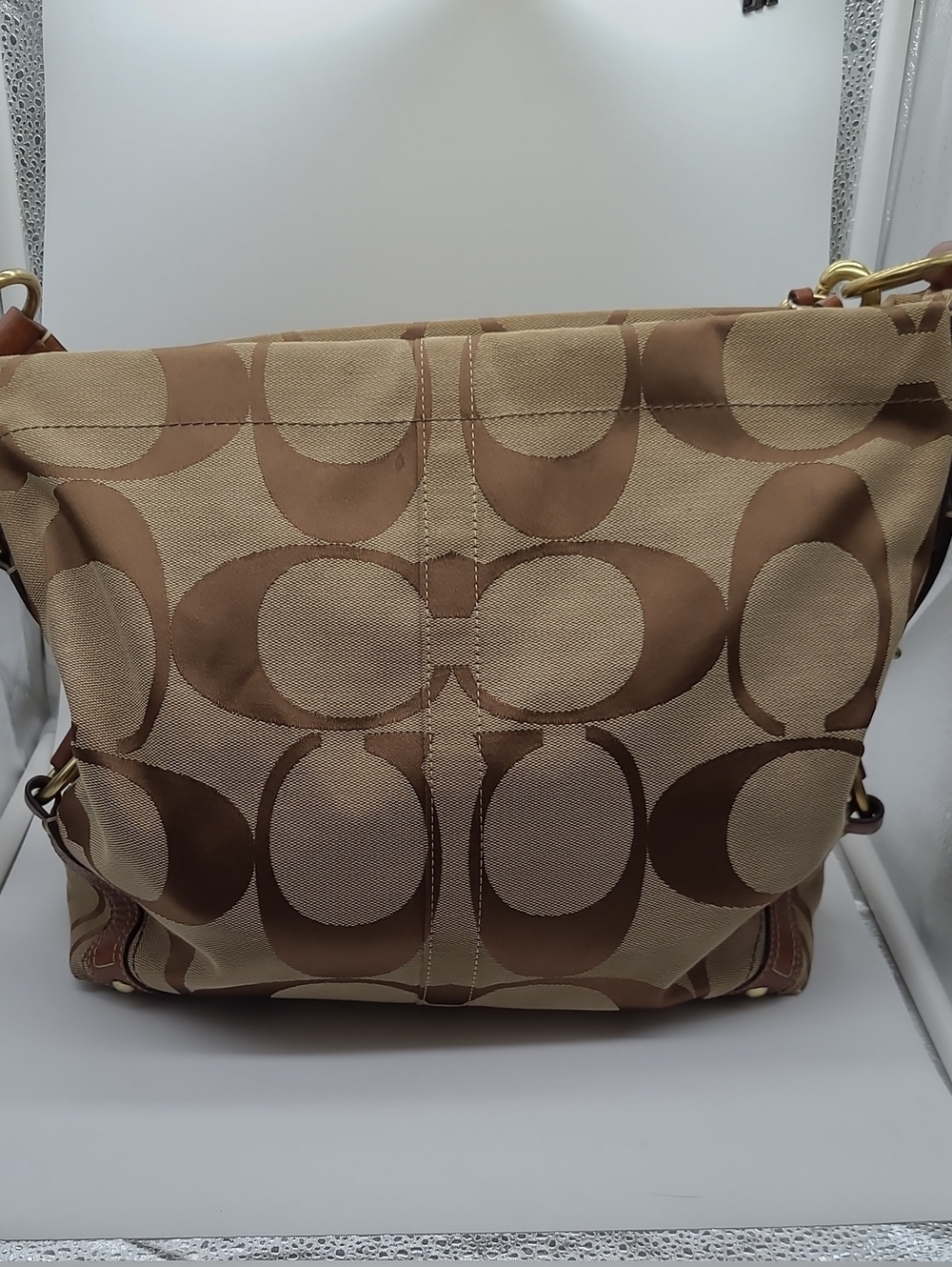 COACH Vintage Signature Carly Canvas Hobo Shoulder Bag Brown Tan 10619